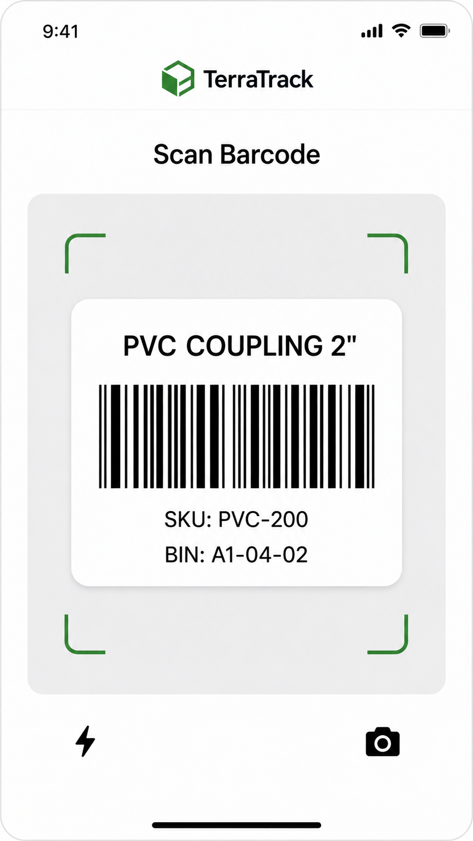 TerraTrack mobile barcode scanner showing a PVC coupling 2-inch label with SKU PVC-200 and bin A1-04-02